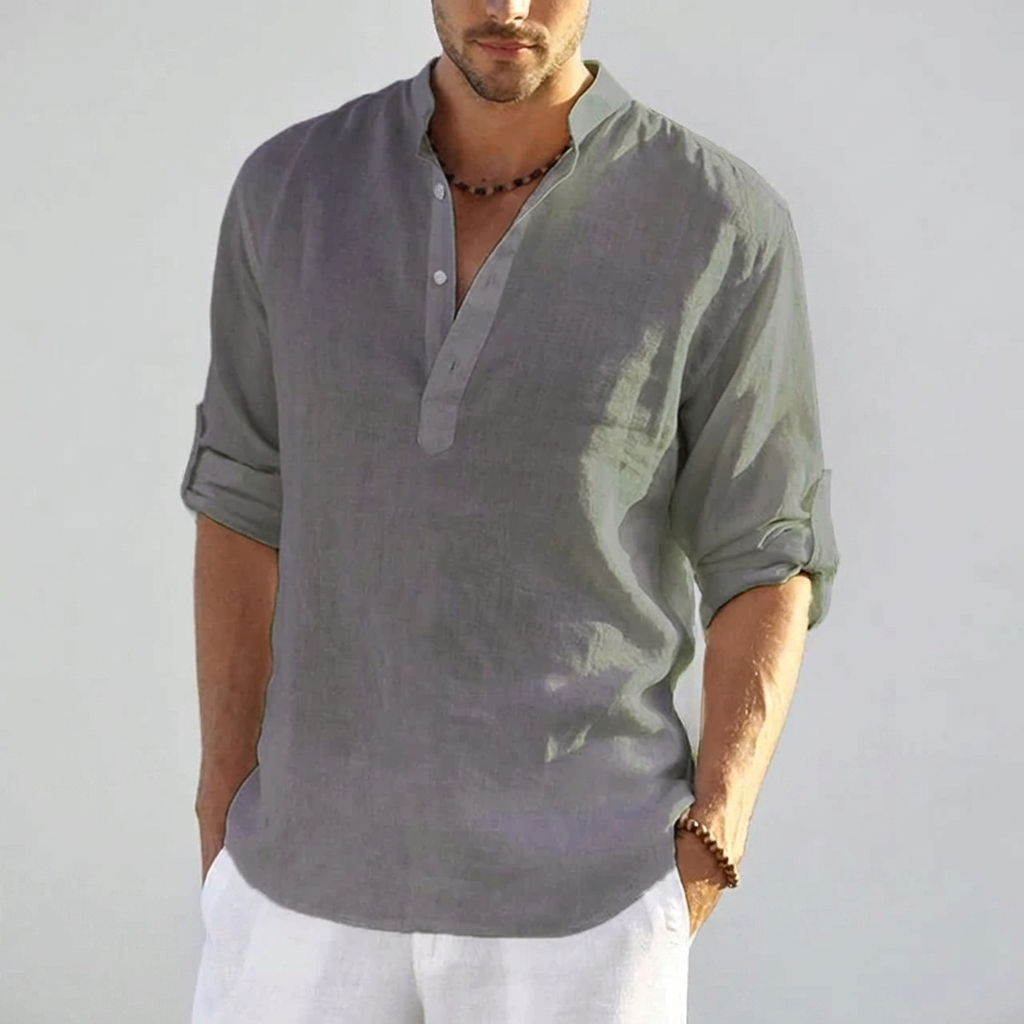Elegant, ensfarget linneskjorte for menn. Perfekt casual fritidsskjorte for hverdag og sommer, pustende.