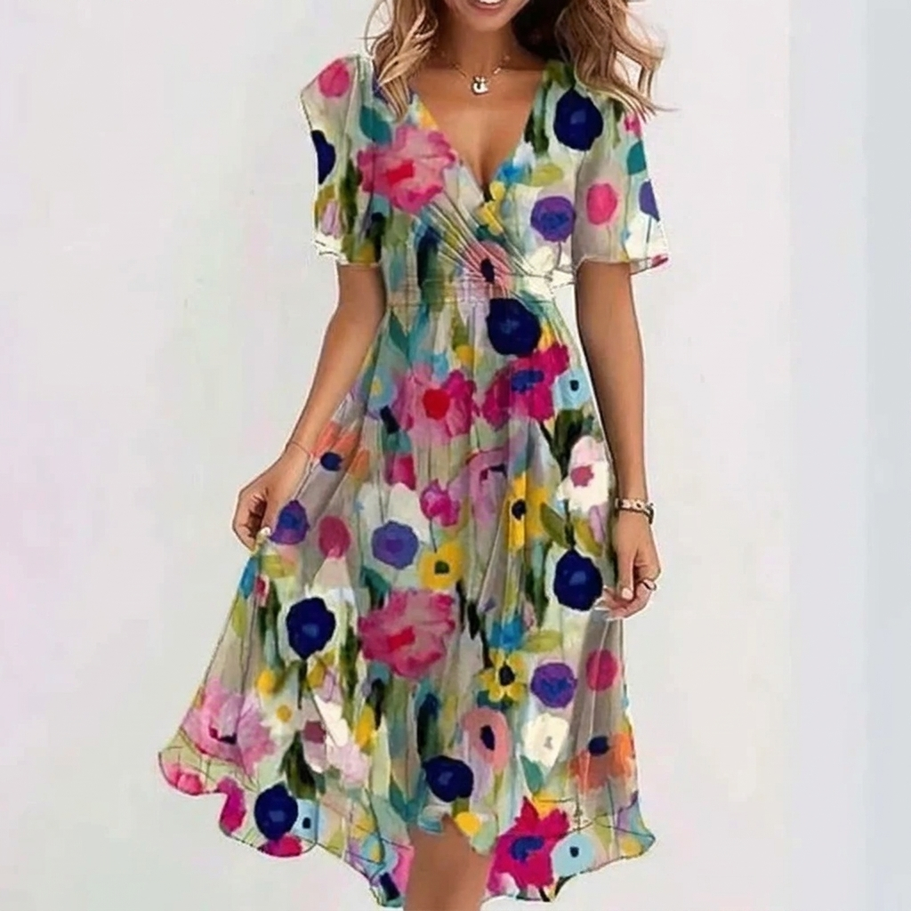 Vår/sommer kvinners blomstrete kjole. Kortermet A-linje design med V-hals for komfort.