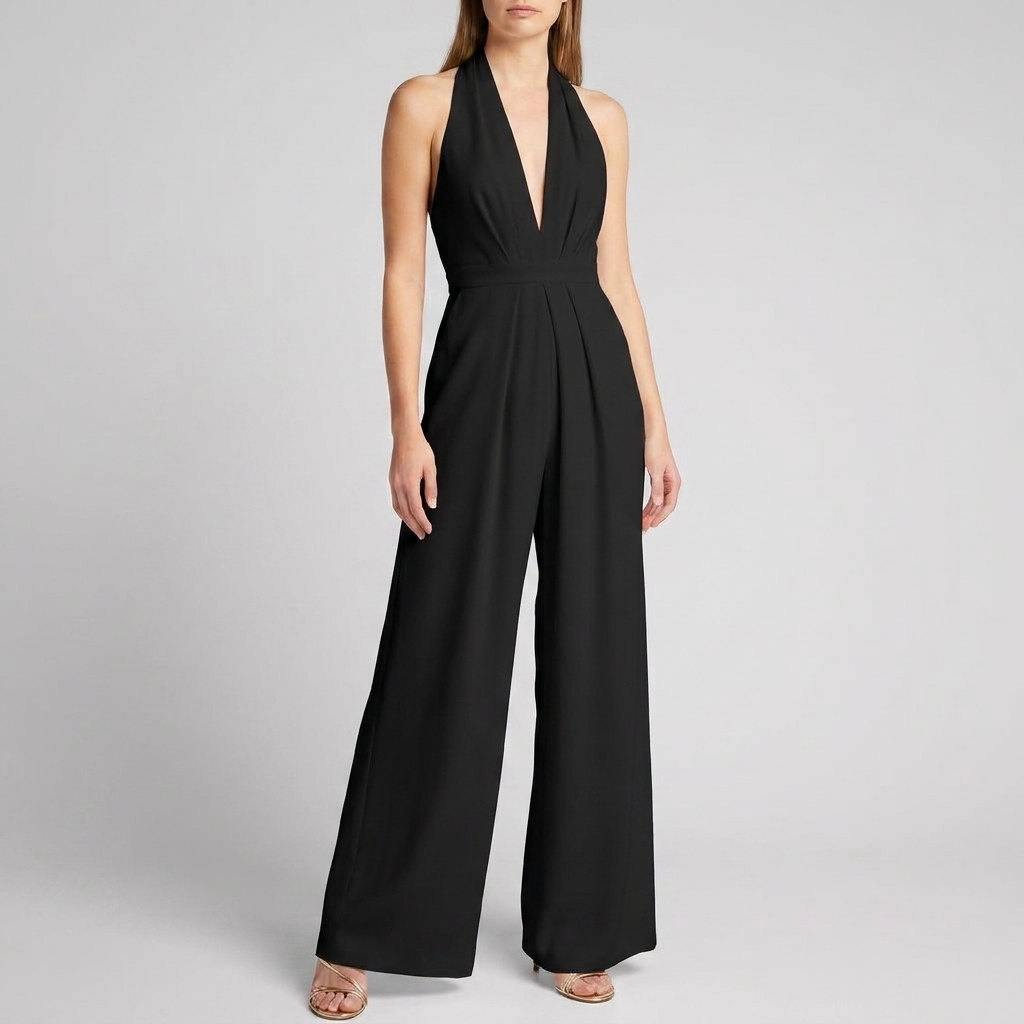 Sommerlig halterneck jumpsuit for damer med vide ben og ryggløs detalj, perfekt for casual chic.