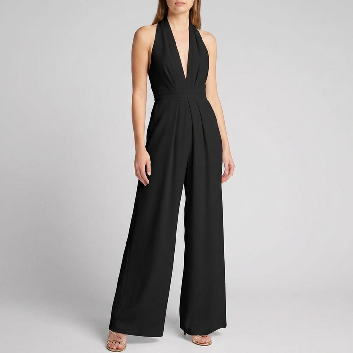 Sommerlig halterneck jumpsuit for damer med vide ben og ryggløs detalj, perfekt for casual chic.
