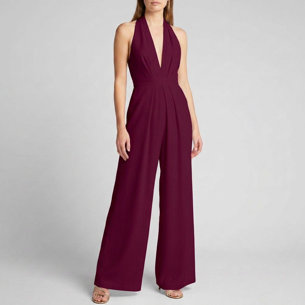 Ryggløs halterneck jumpsuit til dame med løse, brede ben; ideell for en komfortabel sommerstil.