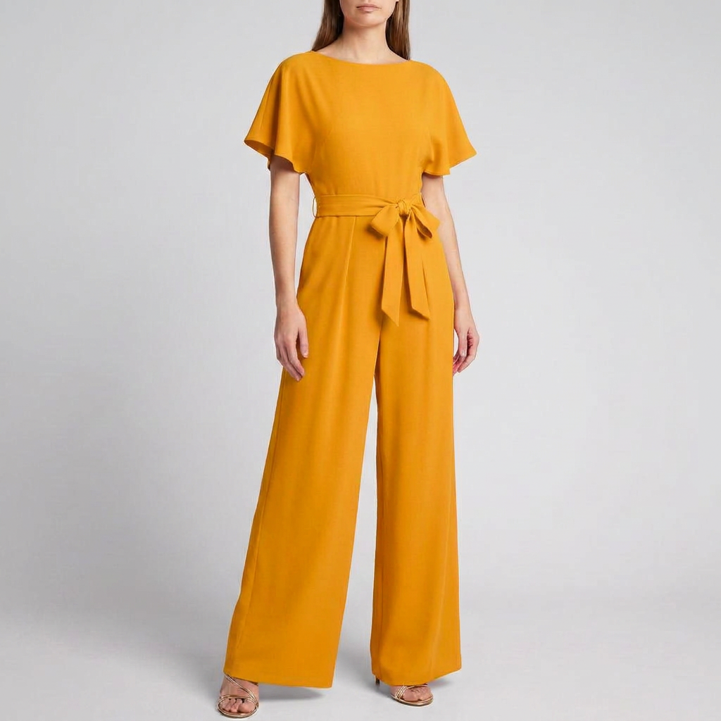 Kvinners kortermet jumpsuit med belte og vide ben. Elegant og komfortabel sommerdrakt for dame.