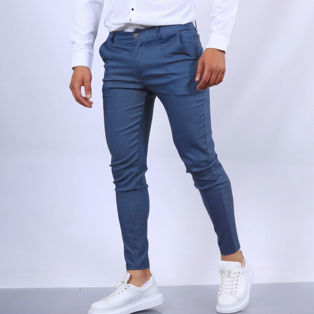 Sideprofil av herre slim fit blyantsbukser. Viser den slanke passformen for smart casual bruk.