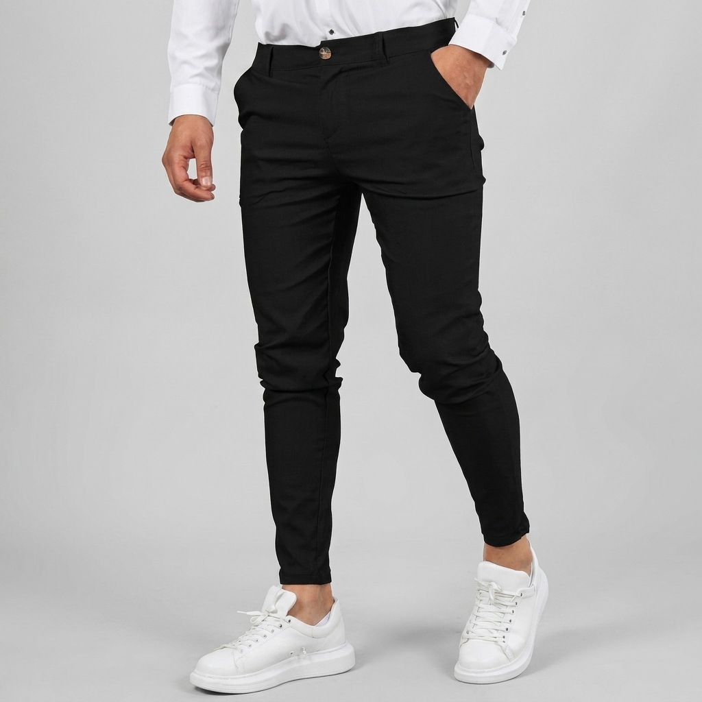Mann iført elegante slim fit blyantsbukser, presenterer en sofistikert smart casual stil.