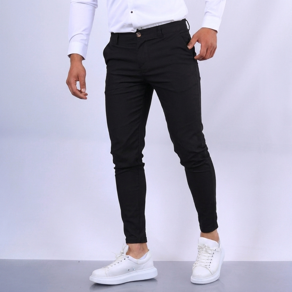 Detaljer av midje og knappelukking på herre slim fit blyantsbukser, for en polert casual look.