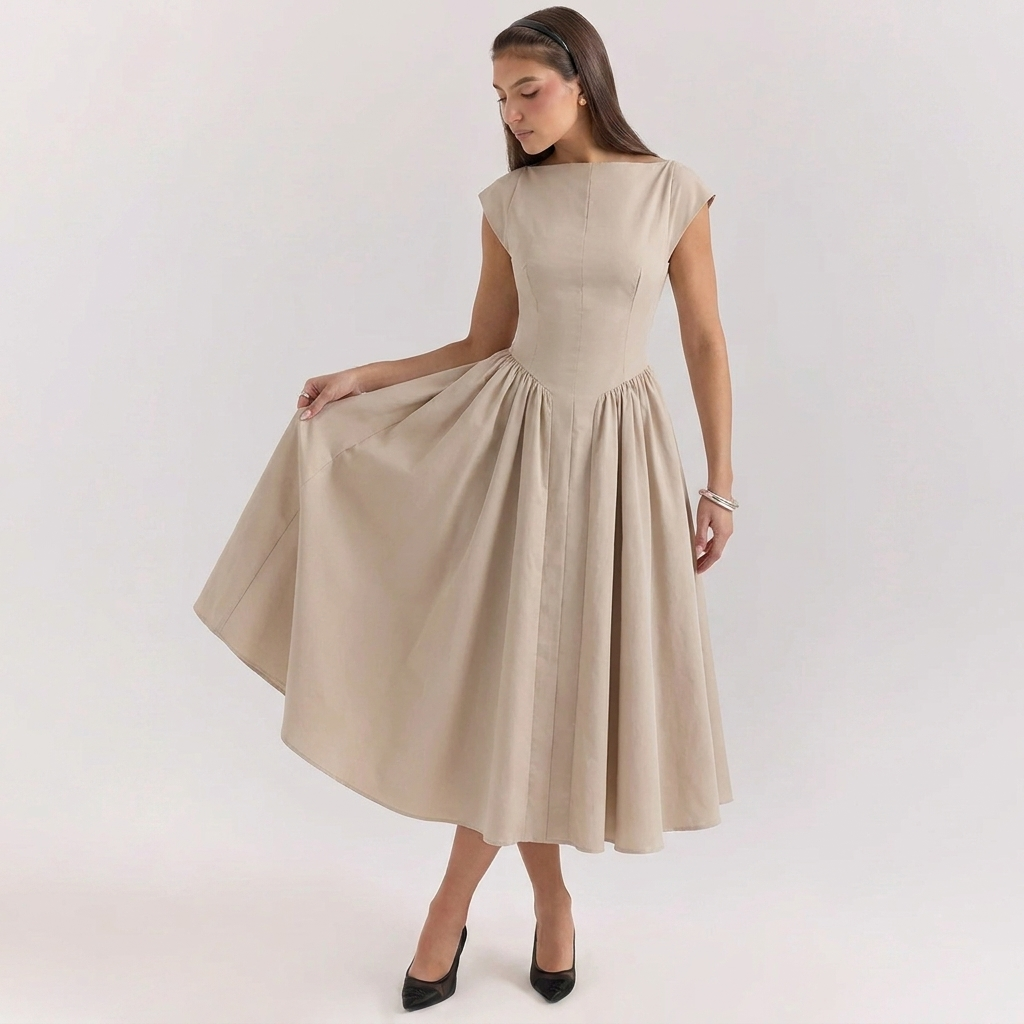 Elegant høy-talje plissert midikjole i polyester, ideell som sommerkjole, festkjole eller hverdags kvinnekjole.