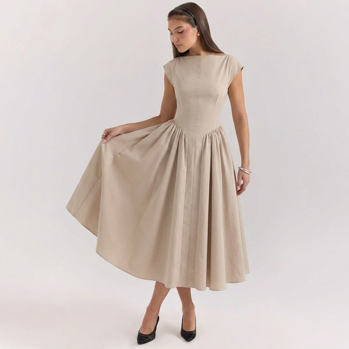 Elegant høy-talje plissert midikjole i polyester, ideell som sommerkjole, festkjole eller hverdags kvinnekjole.