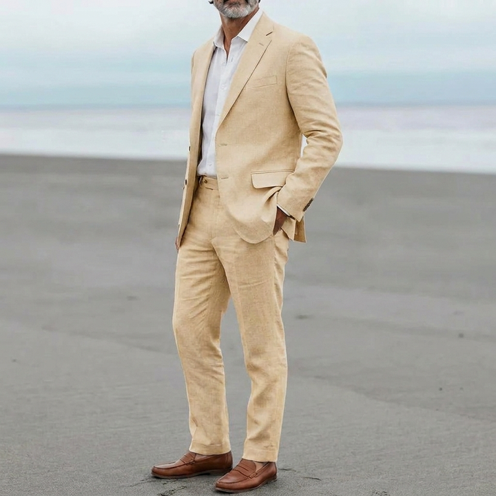 Elegant slim fit blazer og bukser sett for menn. Todelt dress-sett for smart casual og formell bruk.