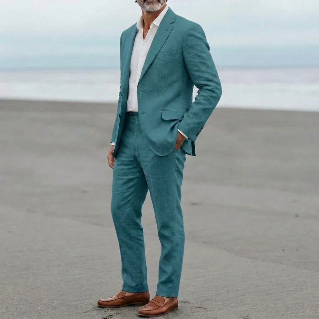 Flerårig slim fit dress-sett for herre, med blazer og bukser som passer alle sesonger.