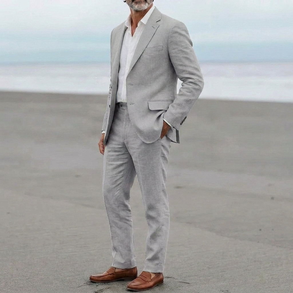 Komplett herre antrekk: elegant slim fit blazer og bukser. Perfekt for en velkledd look.