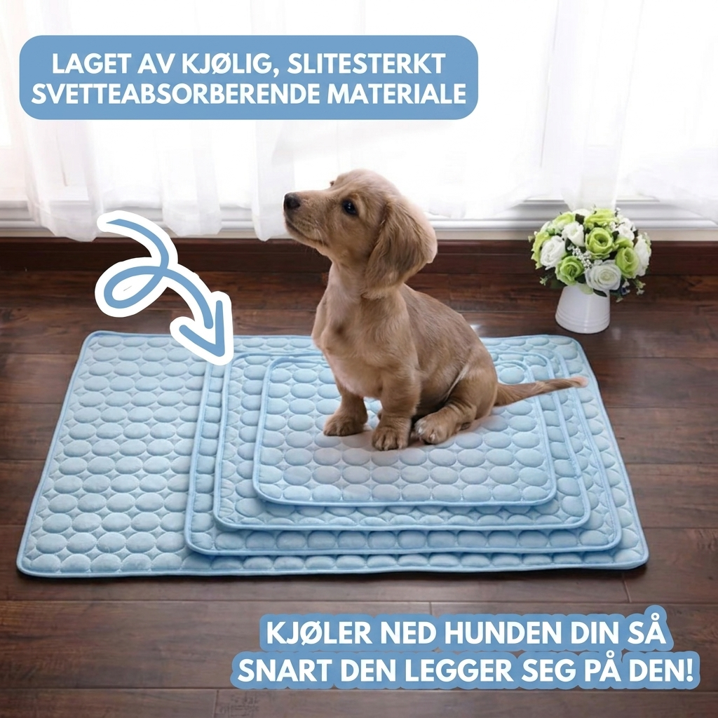 Avkjølende hundeseng/katteseng. Sklisikker kjølematte i pustende is-silke for komfortabel sommer. Vaskbar.