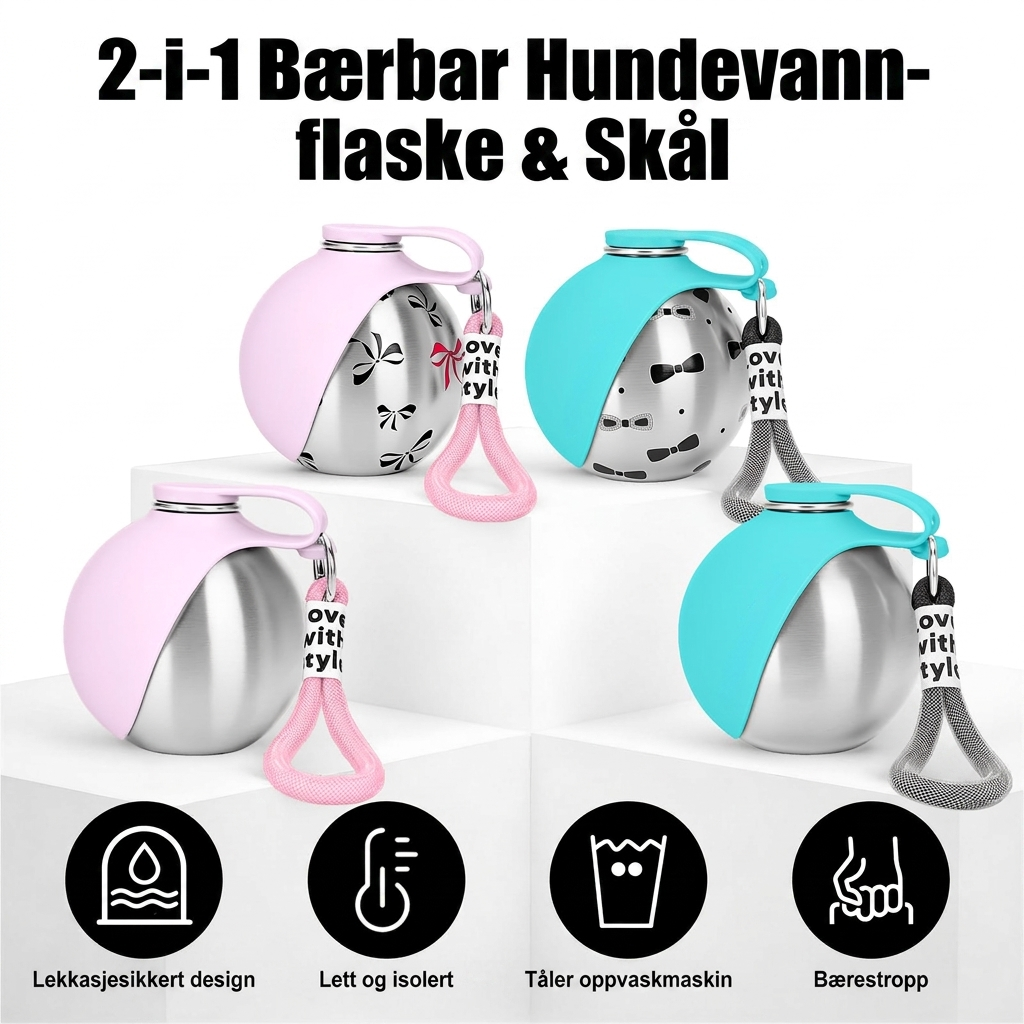 Stilig hundetilbehør: Rustfri vannflaske med innebygd drikkeskål, perfekt for alle aktiviteter.