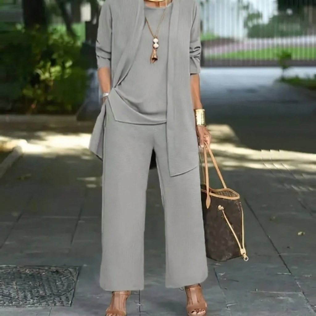 Motebevisst 3-delt damesett: lang cardigan, topp & vide bukser. Allsidig draktsett for en elegant stil.