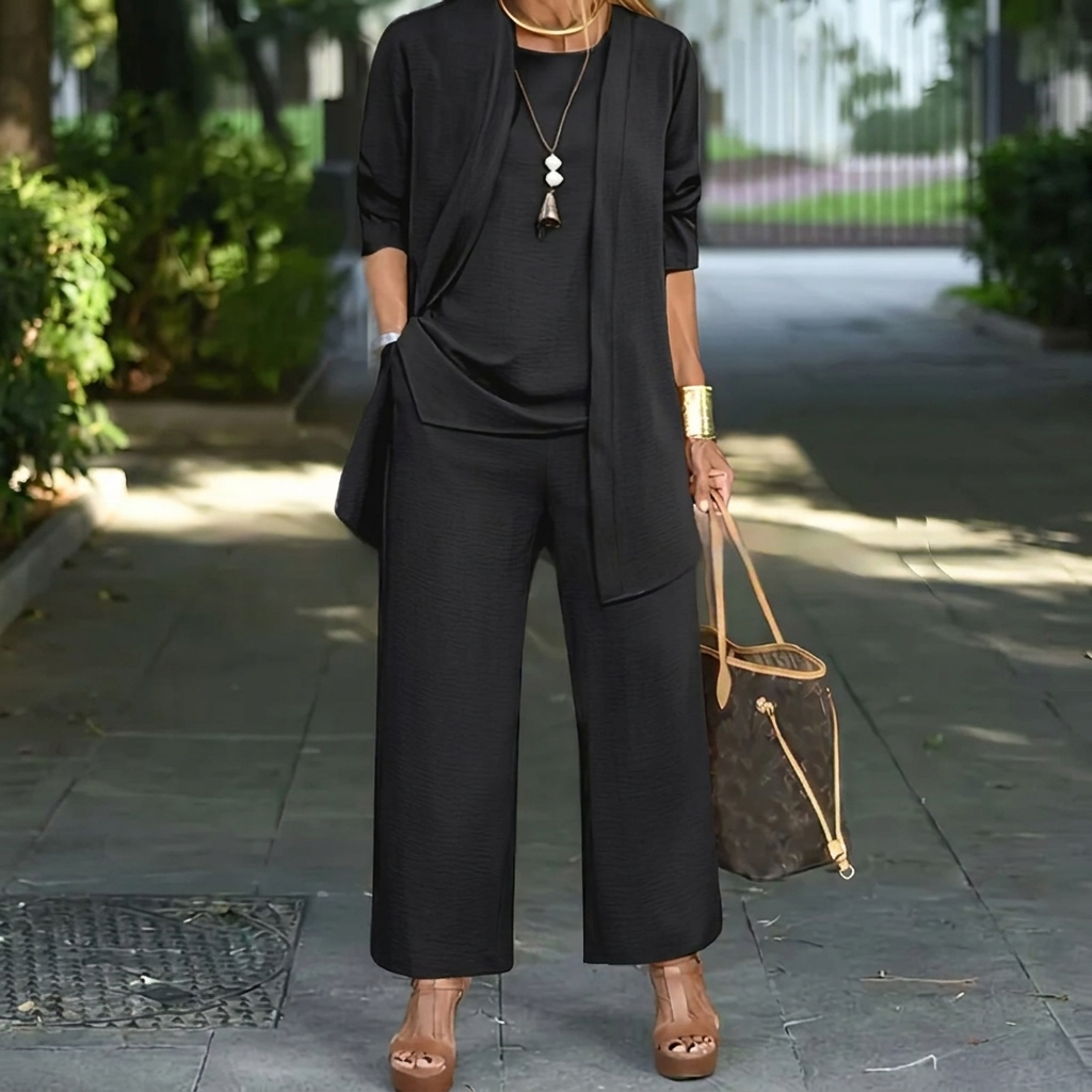 Komfortabelt 3-delt damesett: cardigan, topp & vide bukser. Allsidig fritid/arbeidsantrekk for elegant stil.