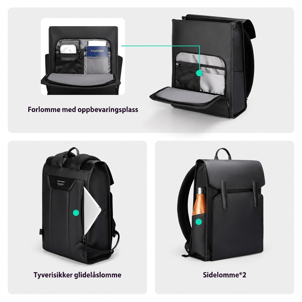 Mann med svart pc-ryggsekk, ideell for jobb, reise og student. Komfortabel og funksjonell laptopveske.
