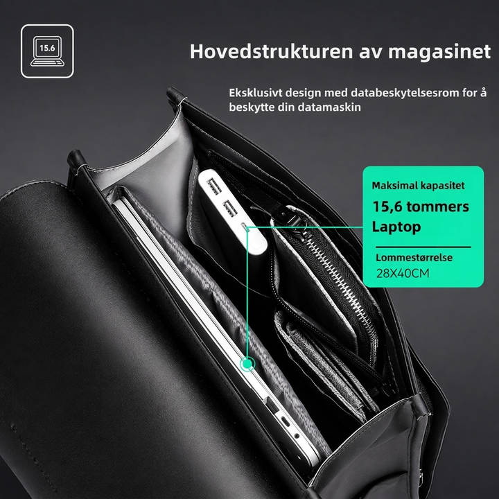 Detalj av robust svart pc-ryggsekk for herre, med sterke glidelåser. Perfekt for jobb og reise.