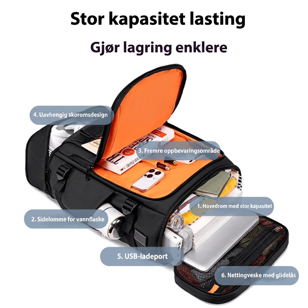 Allsidig svart reise- og hverdagsryggsekk, unisex, robust for pendling og skolebruk, mvb26.