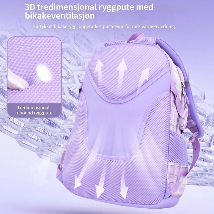 Praktisk jenteskolesekk i rosa/lilla med polstrede stropper. En solid ryggsekk for barn og ungdomsskole.