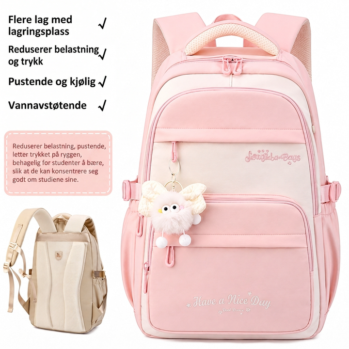 Trendy og funksjonelt ungdoms skolesekksett med tegneseriemotiv; organiserer skoleutstyr og pennal.