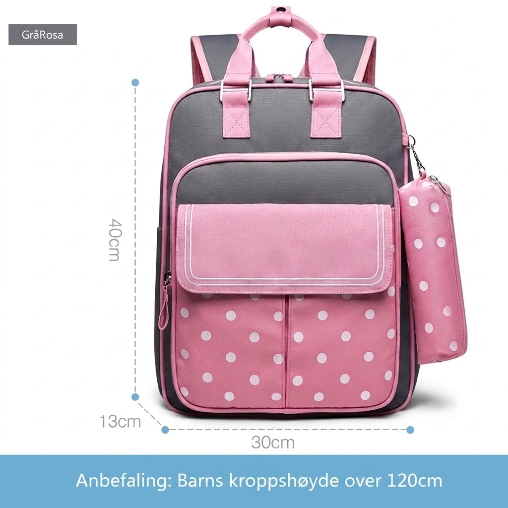 Innsiden av Munter skolesekk, viser stort hovedrom og praktiske sidelommer for drikkeflaske og småting.