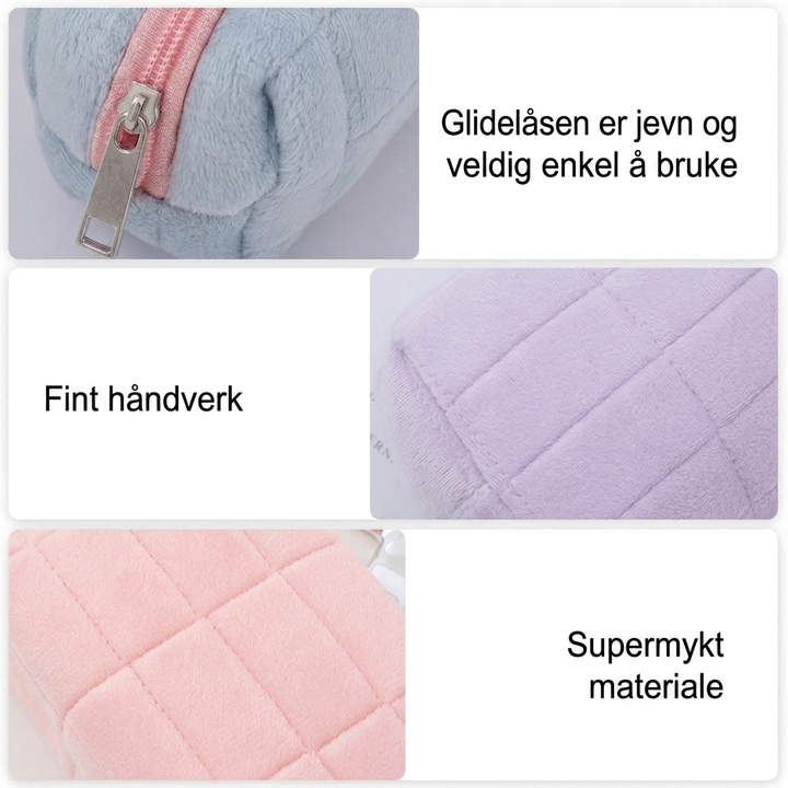 Allsidig sminkeveske i blå, rosa og hvit. Kompakt reiseveske og pennal for smart oppbevaring hjemme.