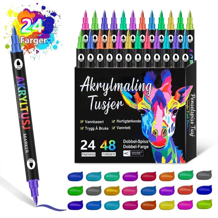 Akrylmarkører med dobbeltspiss, ideelle for tegning, maling og kreative prosjekter på skole og hjemme.