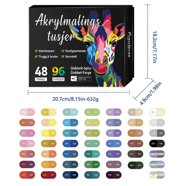Sett med akrylmarkører i ulike farger, med dobbeltspiss for allsidig bruk i kunst og tegning.