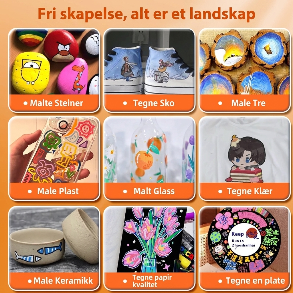 Fargerike akrylpenner for å tegne og male levende kunstverk, dekorere gjenstander og kreative uttrykk.