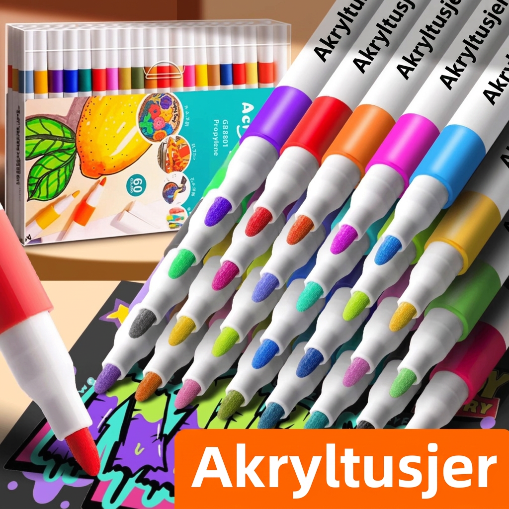 Fargerike akrylpenner for kunst og hobby, med forskjellige spisser for detaljerte tegninger og maling.