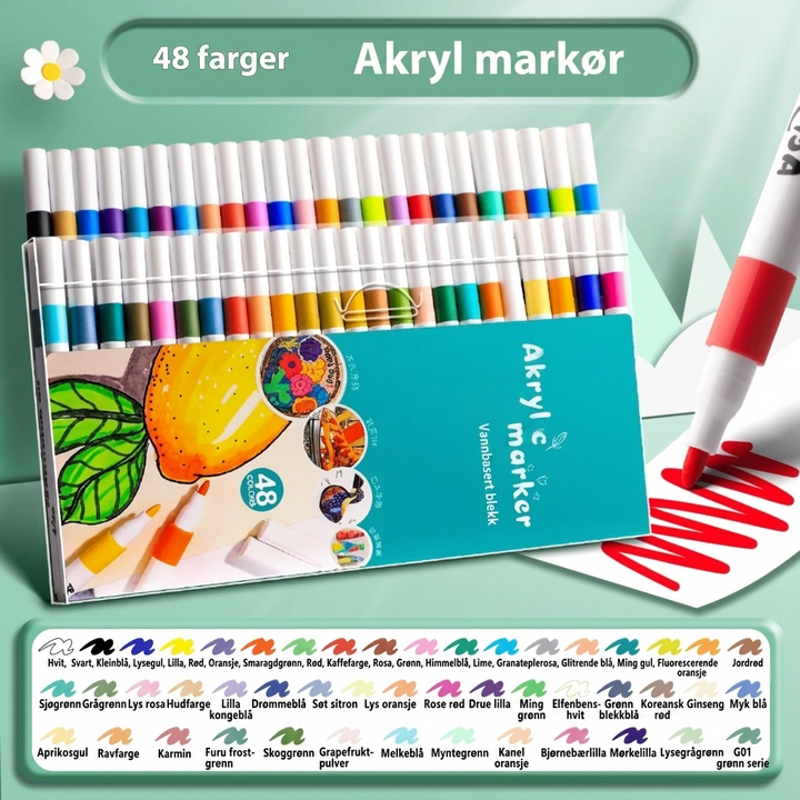 Sett med levende fargerike akrylpenner; skap unike kunstverk og dekorasjoner med letthet.
