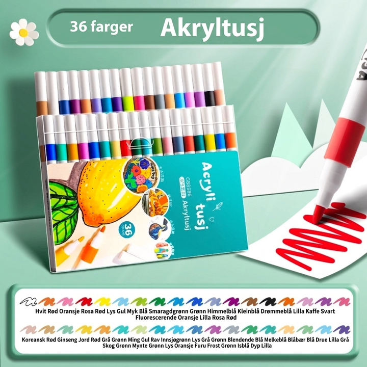 Profesjonelle akrylpenner for kunstnere; bruk til detaljert maling, illustrasjon og kunstnerutstyr.