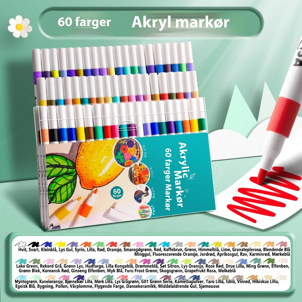 Allsidige akrylmarkører for kunstutstyr, egnet for stein, tre, lerret og mange overflater.