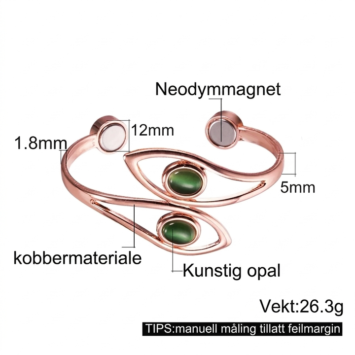 Fasjonabelt magnetarmbånd til kvinner med lysende grønn opal. Justerbart kobberarmbånd, et must-have motetilbehør.