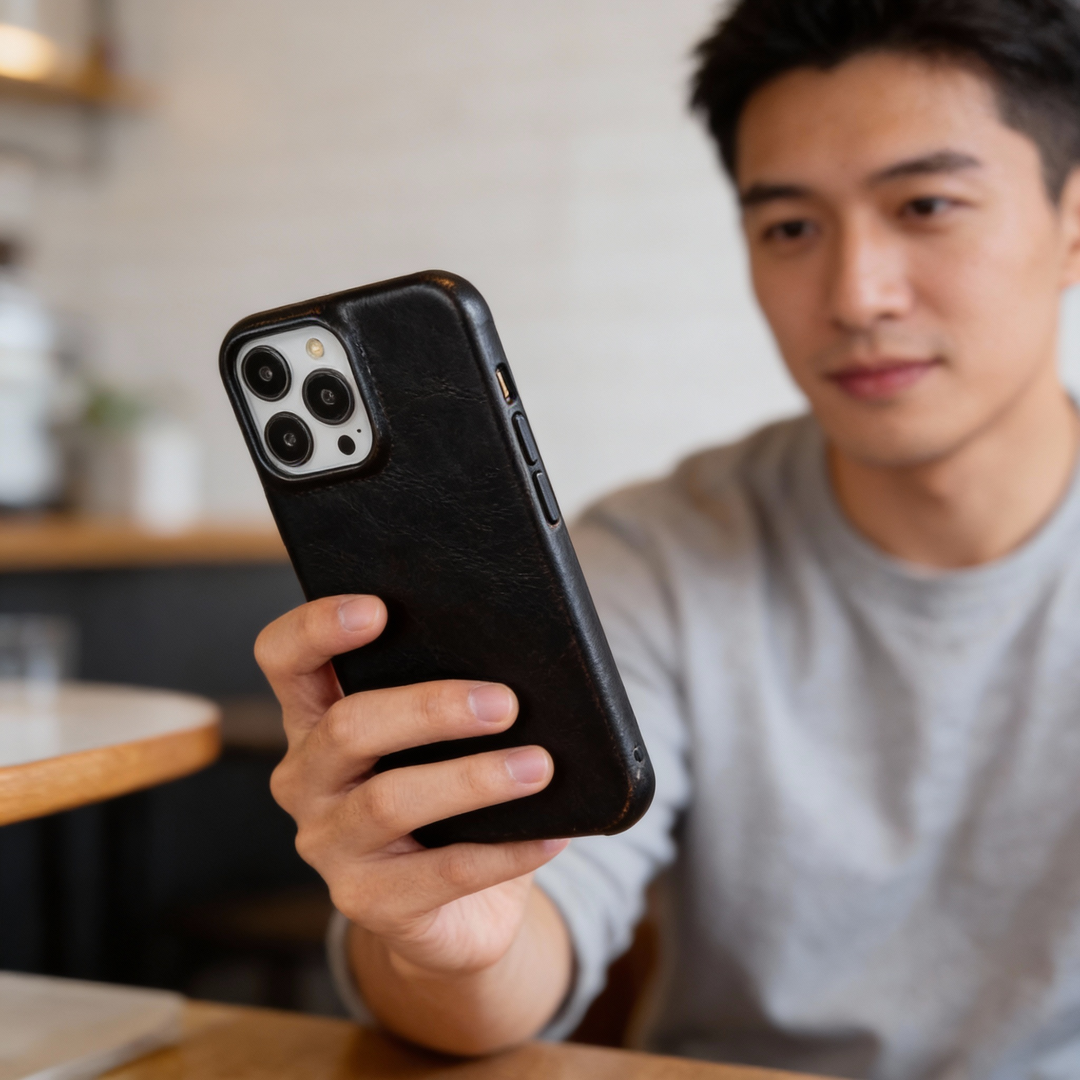 Slitesterkt universal deksel i lær til iPhone, med MagSafe-kompatibilitet og solid beskyttelse.
