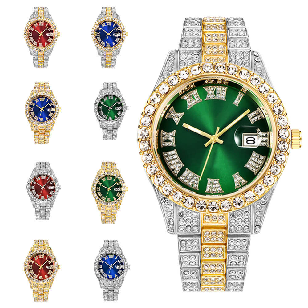 Fullt iset herreklokke med romertall og luksuriøs stil. Perfekt bling armbåndsur for menn.