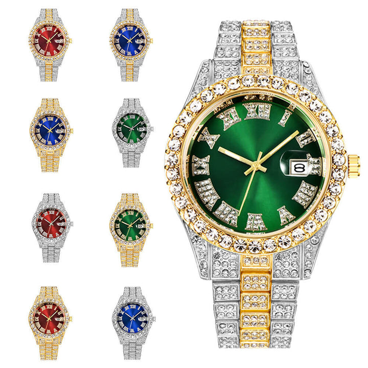 Fullt iset herreklokke med romertall og luksuriøs stil. Perfekt bling armbåndsur for menn.
