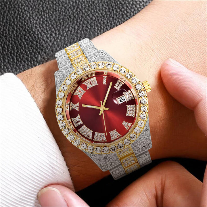 Elegant iset herreklokke med romertall. Et luksuriøst armbåndsur for menn med sans for mote og eksklusiv stil.