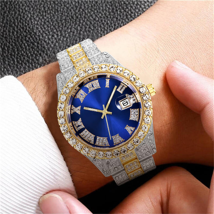 Bling herreklokke, iset med glitrende finish. Flott gave til menn, luksuriøst armbåndsur med romertall.
