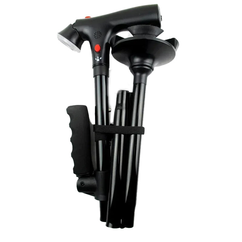 Moderne gåstokk, sammenleggbar med doble håndtak. Inkluderer LED-lys og alarm for optimal mobilitet og balanse.