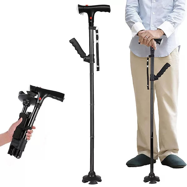 Gåstokk med LED-lys, sammenleggbar og justerbar for sikker mobilitet og støtte for seniorer.