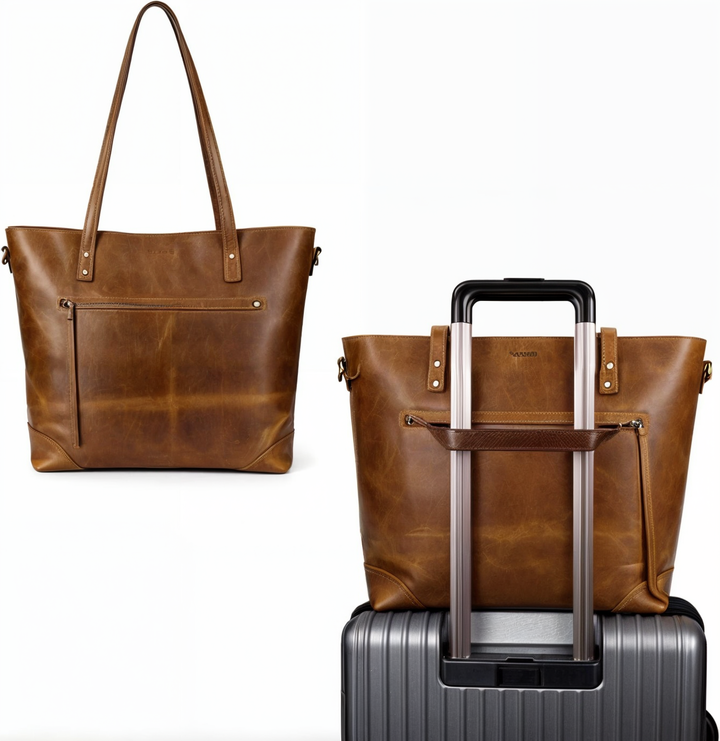 Romslig vintage kunstskinnveske i brun farge, ideell som reiseveske og elegant hverdagsveske.