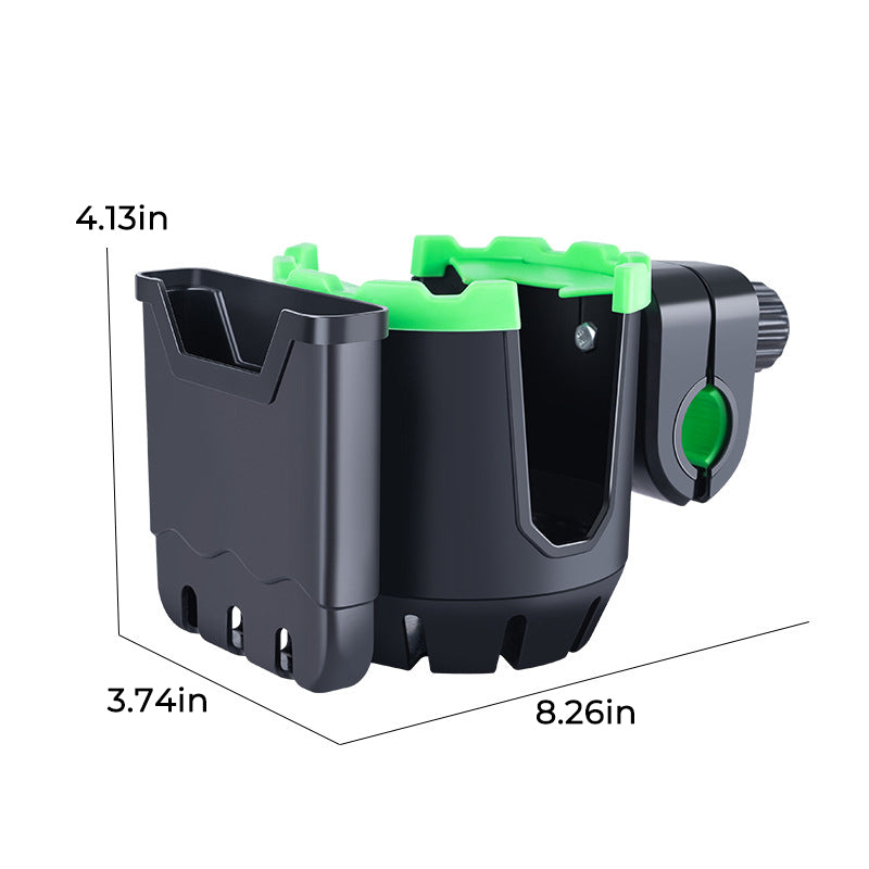 Kompakt 2-i-1 drikkeholder og telefonholder. Robust design for aktiv bruk på barnevogn, sykkel eller rullestol.
