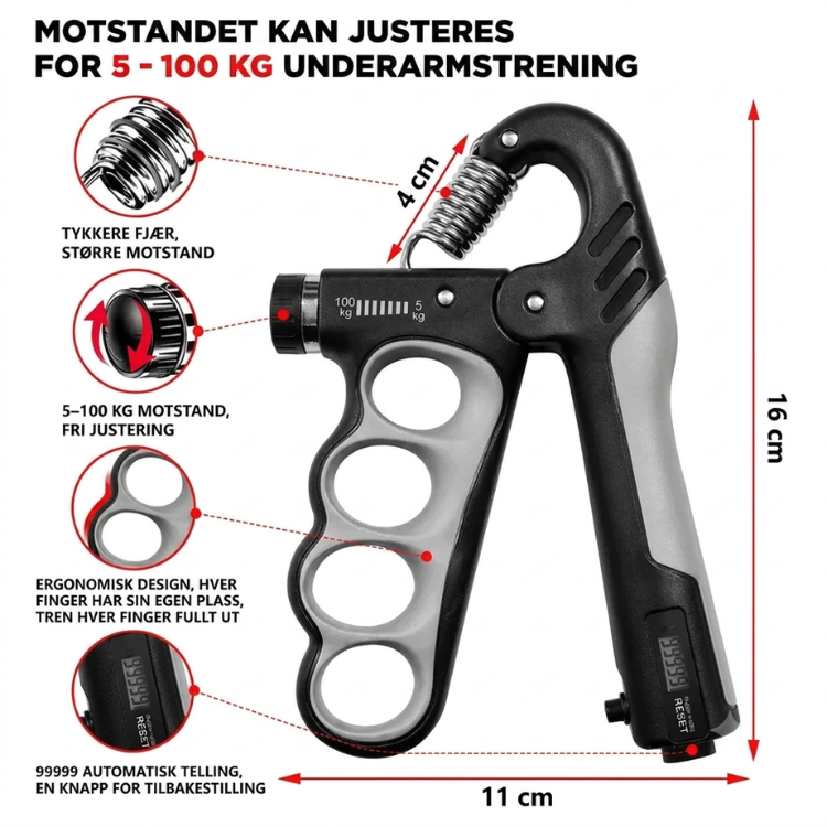 Ergonomisk grepstrener for å bygge grepstyrke og underarmer. Justerbar motstand, perfekt for fingre og trening.
