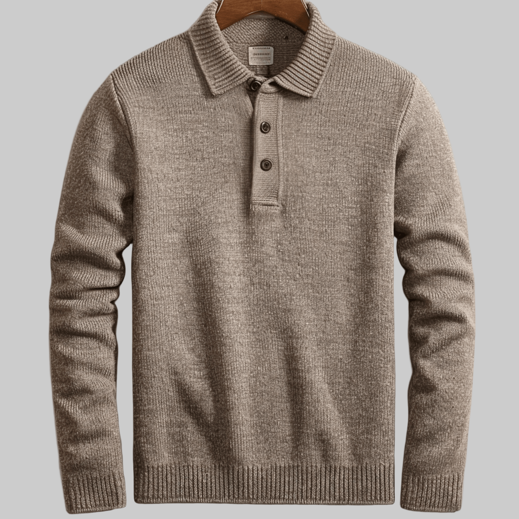 Komfortabel herre langermet strikket polo genser med klassisk krage. En basic for enhver garderobe.