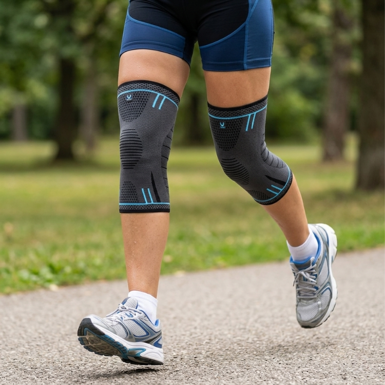 To sorte unisex knebeskyttere i elastisk design. Ideell knestøtte for menn og kvinner under sport, trening, sykling.