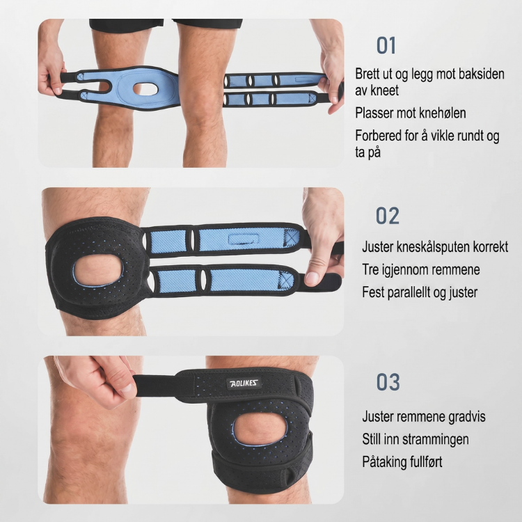 Knestøtte for smertelindring og rehabilitering. Justerbar patellastabilisator for optimal komfort.