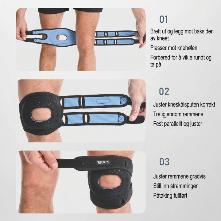 Knestøtte for smertelindring og rehabilitering. Justerbar patellastabilisator for optimal komfort.