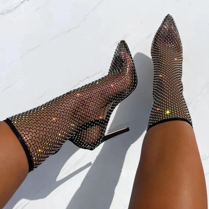 Streetstyle dame ankelstøvler i netting med glitrende rhinestones, moderne og elegant for enhver anledning.