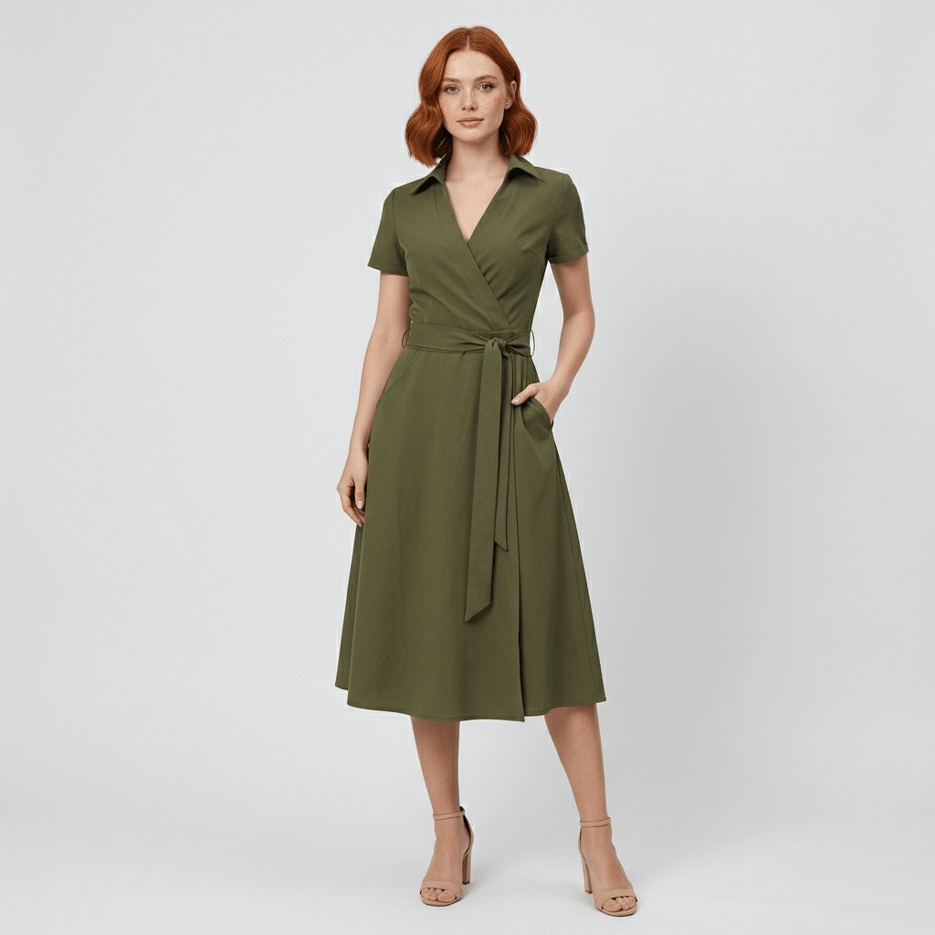 Elegant A-linje midikjole til dame med V-hals og livbånd. Perfekt festkjole eller hverdagskjole.