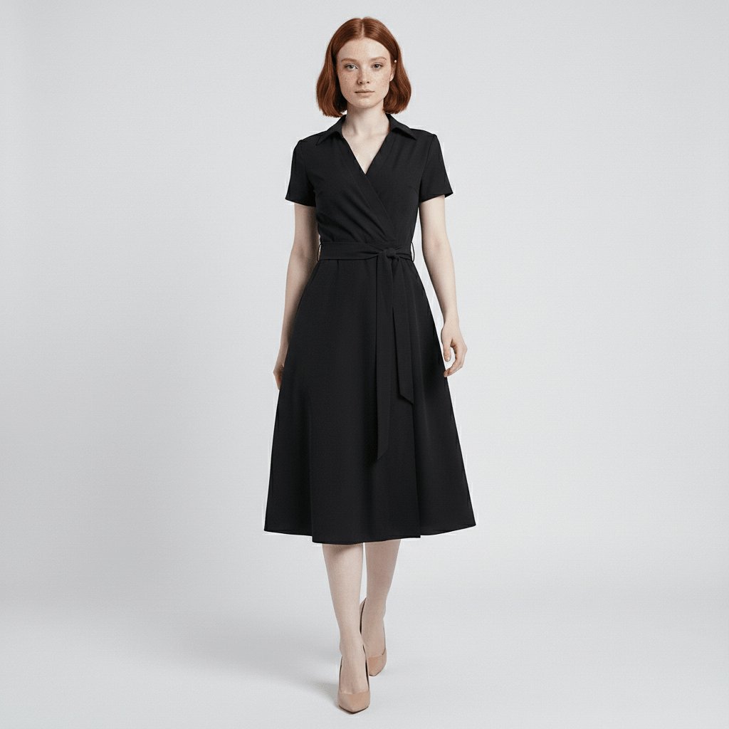 Nærbilde av livbåndet på elegant A-linje dame midikjole. Fremhever midjen på sommerkjolen.